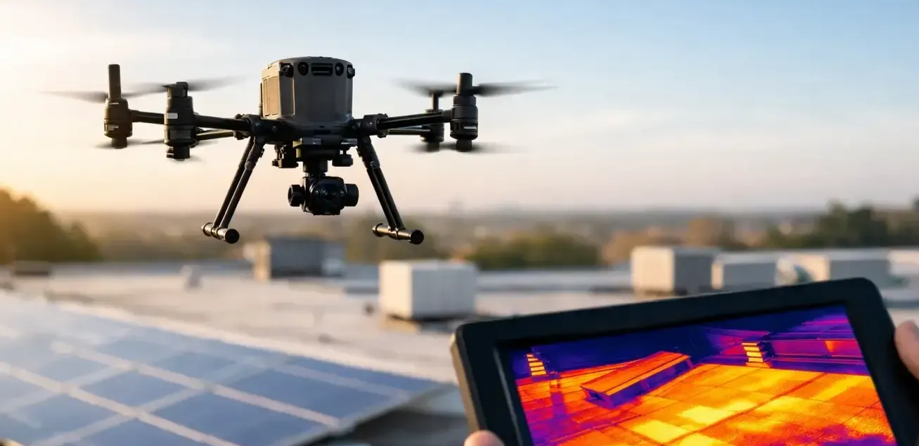Drone thermal menginspeksi panel PLTS di atap, teknisi memantau hasil pencitraan thermal melalui tablet